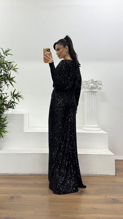 Siyah Pul Payet V Yaka Özel Tasarım Abiye Elbise